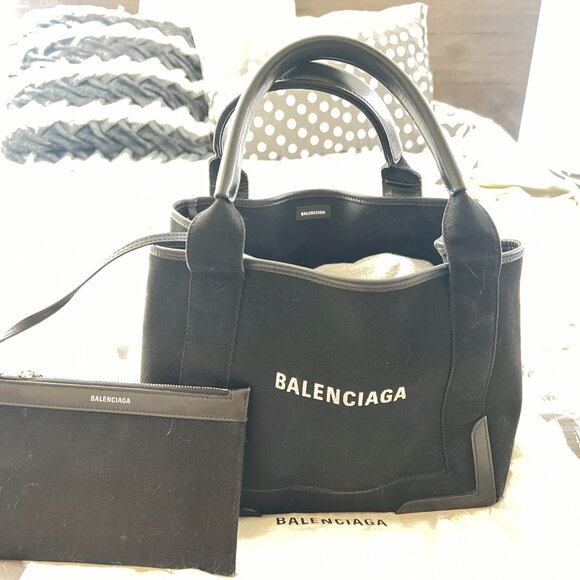 $1750 Authentic BALENCIAGA Made in ITALY Black Canvas Leather W/ Pouch Handbag - Picture 1 of 12
